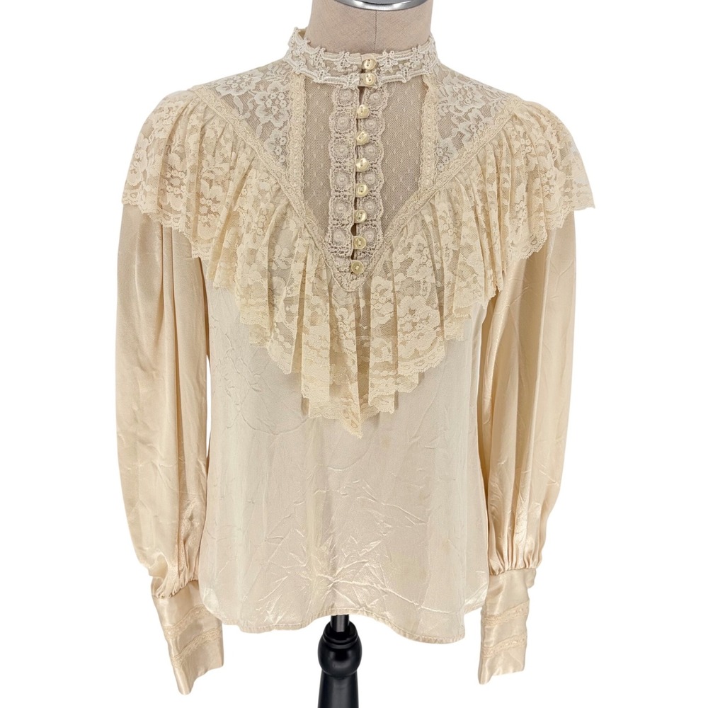 Jessica's Gunnies Blouse M Cream Vintage Lace Ruffle Victorian High Neck Satin